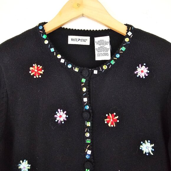 Womens Sz M 8 Christmas Embroidered Cardigan Sweater Winter Holidays Snowflakes - Picture 2 of 13